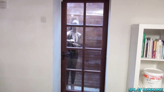 Cute Lola is fellating rock rigid meatpipes and getting spunk on face while getting on all fours on the floor