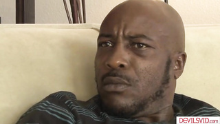 Kinky black dude is eating his crimson haired gf's vulva before boinking her brains out