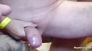 Crimson haired honey with tats and humungous bra-stuffers is about to get penetrated by many boys