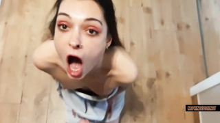 Insane teenager dark-haired is getting down on all fours on the floor while givng a dt to her roomie