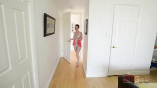 Sultry brown-haired with giant tits, Katie St Ives is jerking in the guest room and liking