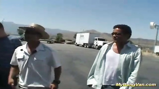 Horny chick is getting booty-fucked by a gang of guys in the middle of the day