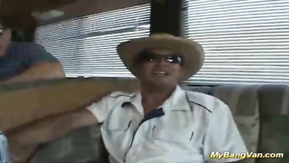 Horny chick is getting booty-fucked by a gang of guys in the middle of the day