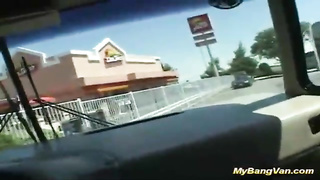 Horny chick is getting booty-fucked by a gang of guys in the middle of the day