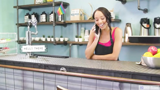 Super-Fucking-Hot white black-haired is gobbling a shaved, Ebony coochie to make her gf wail from elation