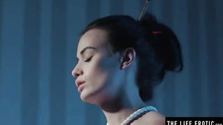 Slender dark haired with petite bra-stuffers is into light restrain bondage and getting off, every once in a while