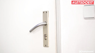 Blue- witnessed blond is throating a stiff penis in the hostel, before getting boinked from behind