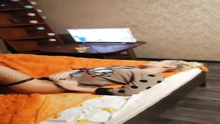 Outstanding light-haired girl with petite knockers is dressed in black fishnets while draining and deep-throating rod