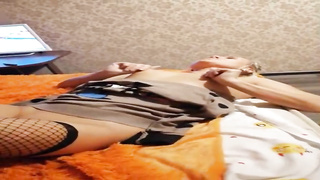 Outstanding light-haired girl with petite knockers is dressed in black fishnets while draining and deep-throating rod