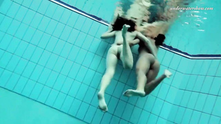 Frolic nymphs got nude in the swimming pool and had some joy while no one was witnessing