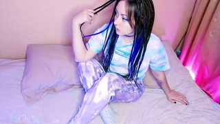 Whorey Russian brown-haired is frolicking with a fake penis in front of the camera, late at night