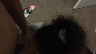 Ebony bitch with a yam-sized donk is providing a deep fellatio to her paramour, just for joy