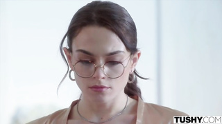 Nerdy dark haired with glasses, Sophia is holding her gams hiked high while having ass fucking fuckfest