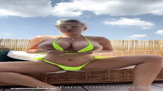 Messy minded, towheaded cougar with XXL tits, Wicky is frolicking with herself in the backyard