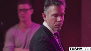 Crimson haired doll, Lauren is getting tucked wth 2 rock rock-hard pricks and luving it