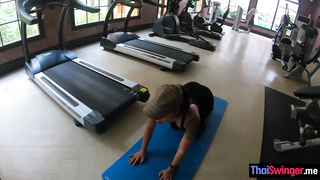 Diminutive Chinese nubile bi-atch smashed in little snatch after exercise and man sausage deep-throating