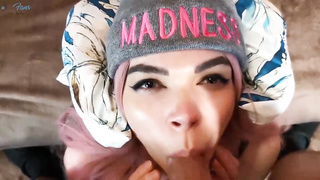 Jiggish dame is anxiously deepthroating a rock rigid manmeat while getting down on all fours on the floor, in POINT OF VIEW