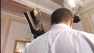 Lusty brown-haired is dressed in softcore, black tights while having ass fucking hook-up with her fresh paramour