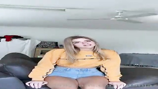 Nasty blond enjoys to get her donk finger-tickled while railing a rock stiff trouser snake, on the sofa