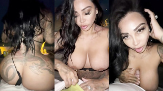 Spunky brown-haired with tats and humungous orbs is pleasuring a ultra-kinky boy late at night