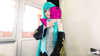 Bombshell Vocaloid Hatsune Miku came to visit a devotee after the concert, throated his jizz-shotgun and poked him