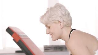 Excited lesbos are wailing while tribbing in the bathroom after concluding their exercise routine