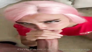 Pinkish haired stunner is providing a deep oral to a man she loves more than her counterpart