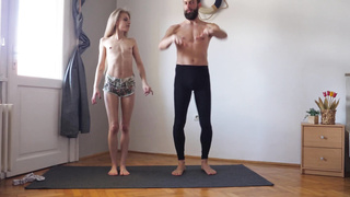 Exercise yoga workout together for the first-ever time