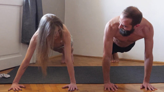 Exercise yoga workout together for the first-ever time