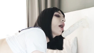 Playful student with pierced nips is inhaling her fresh fucky-fucky fucktoy before fapping with it