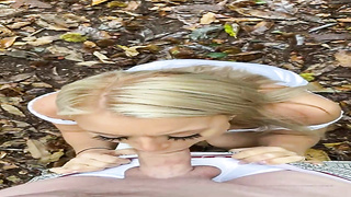Glamorous blond dame is deep-throating a nasty stranger's dick in the nature and getting romped from behind