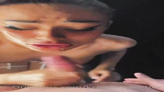 Marvelous dark haired is reddening a bit while deep-throating her paramour's cock and licking super-fucking-hot jizm