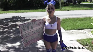 Blondie toy flips on my penis for cash outdoors