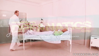 Huge-Boobed dark haired is having fuck-fest with 2 wondrous boys at the same time, on the sofa