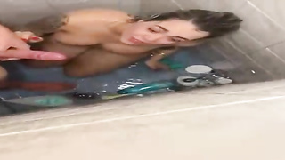 Fuckpole liking light-haired is providing a bj to a pal, while they are having a bathroom together