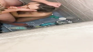 Fuckpole liking light-haired is providing a bj to a pal, while they are having a bathroom together