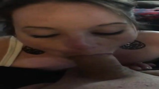 Mature dame is inhaling her paramour's rigid shaft while getting down on all fours in front of him, just for joy