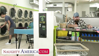 Blond super-bitch is railing a rock firm boner while waiting for her laundry to be done