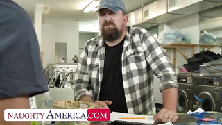 Blond super-bitch is railing a rock firm boner while waiting for her laundry to be done