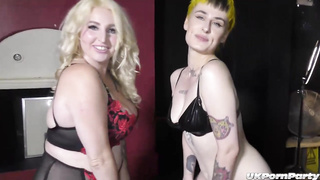 Tatted light-haired female, Lana Banana and her mate, Loula Lou are having gang hump all night long