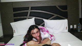 black-haired in pj's receives milk inwards her