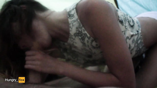 Enrapturing lady is screaming while blowing a random man's rock rock hard knob, because it senses great