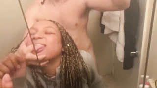 Blasian leaned over douche submerge while roomies in other guest room