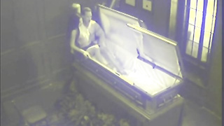 Insane black-haired was caught deep throating a rock stiff fuck-stick and having fuckfest in the coffin