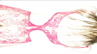 Latin gal with platinum-blonde hair is dressed in crimson, fishnet bodystocking while getting plowed from behind