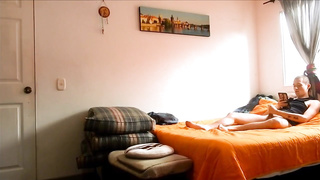 Wild teenage interrupts a boy jacking off and deep throats and eats his penis on the couch