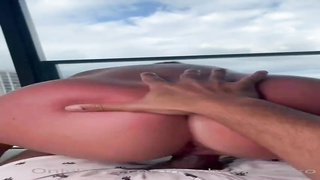 Suntanned stunner is deep throating a rock-hard beefstick in the late afternoon, before getting slammed with it