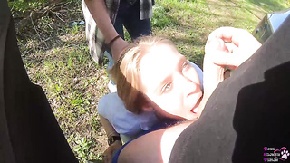 Insane brown-haired is witnessing a random dame deep-throating her beau's schlong and getting a facial cumshot popshot