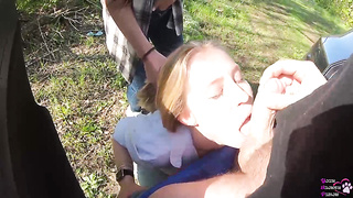 Insane brown-haired is witnessing a random dame deep-throating her beau's schlong and getting a facial cumshot popshot