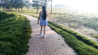 Superslut with strenuous gams showcases off her butt and labia and fellates a trouser snake outdoors